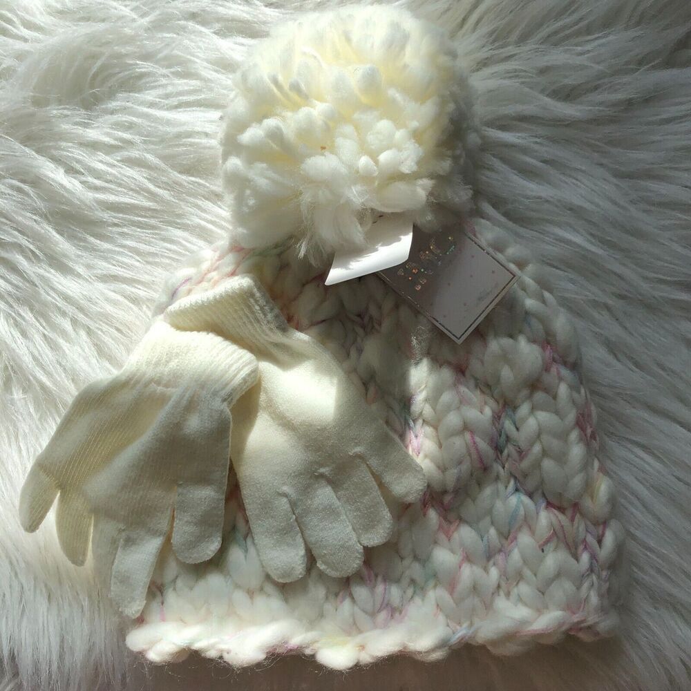 IMG Accessory Group Girls Cream Pastel Confetti Knit Beanie Pom Hat Gloves Set